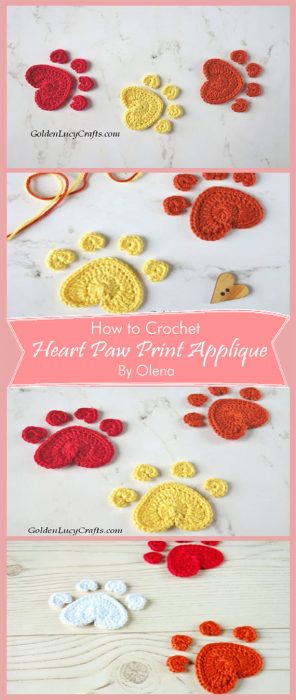 Crochet Heart Paw Print Applique By Olena
