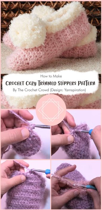 Crochet Cozy Trimmed Slippers Pattern By The Crochet Crowd (Design: Yarnspiration)
