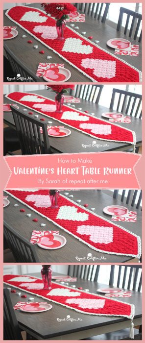 Crochet C2C Valentine’s Heart Table Runner By Sarah of repeat after me